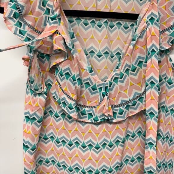 Paloma Blue Sophia Blouse Top Geometric Flutter Sleeve Tie V Neck Size Small - Picture 3 of 9